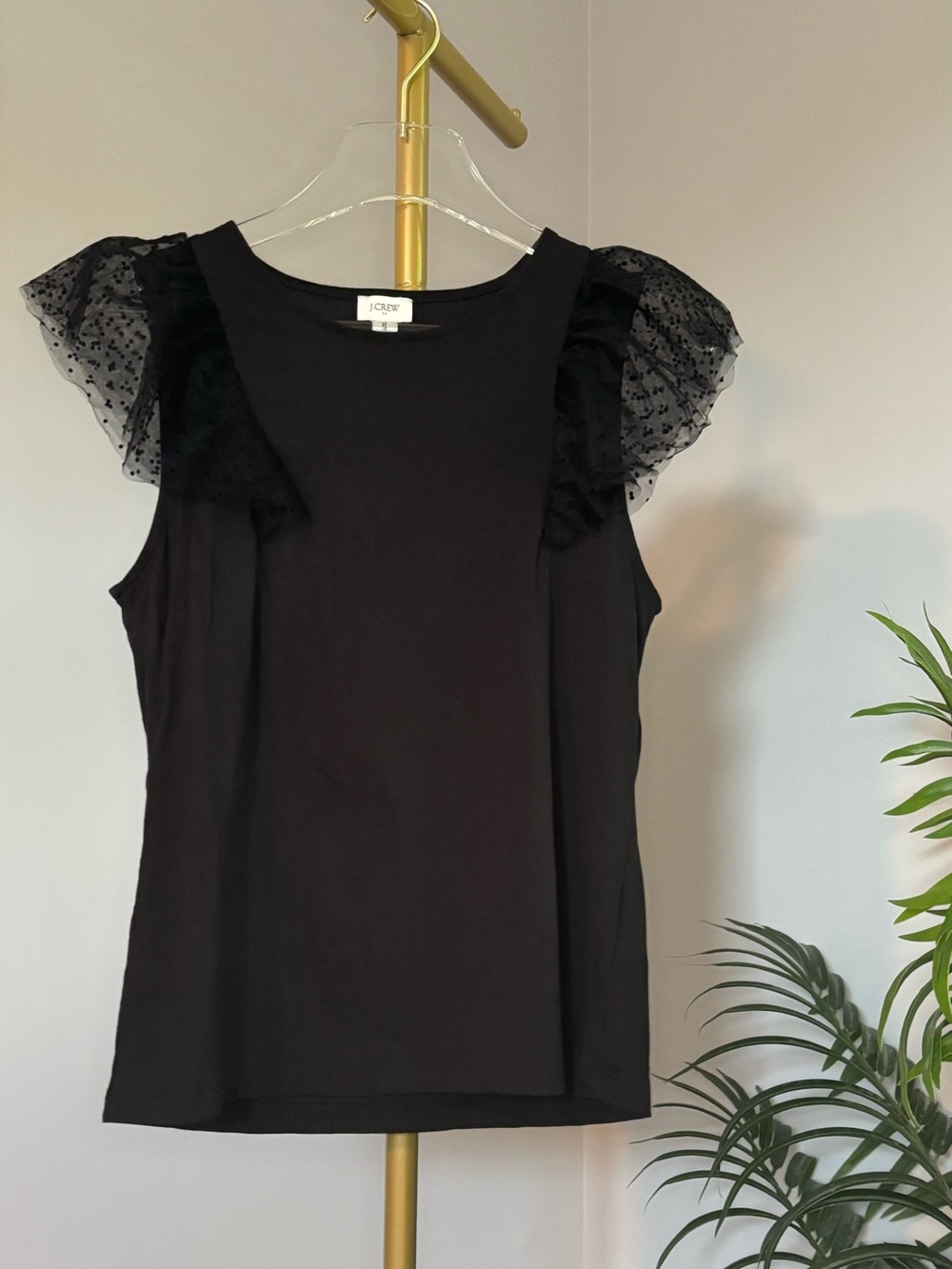 J. Crew Black Tank Top with Sheer Polka Dot Flutter Sleeves